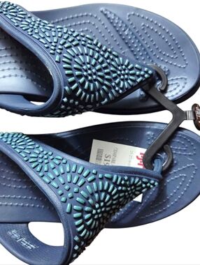 CROCS Navy Jeweled Wedge Flip Flops